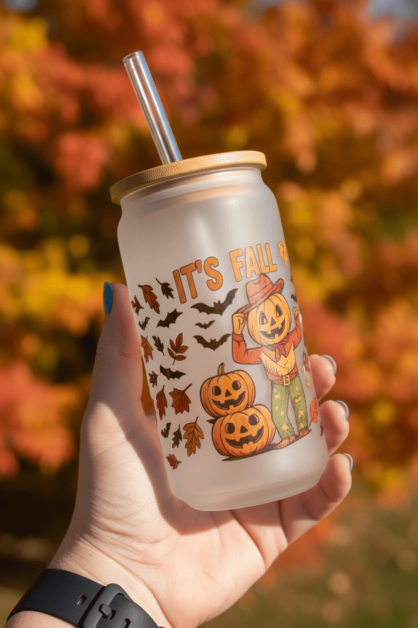 It's Fall Y'all Frosted Glass Can Tumbler – Handmade Halloween Fall Drinkware - The Bargains BasementIt's Fall Y'all Frosted Glass Can Tumbler – Handmade Halloween Fall Drinkware
