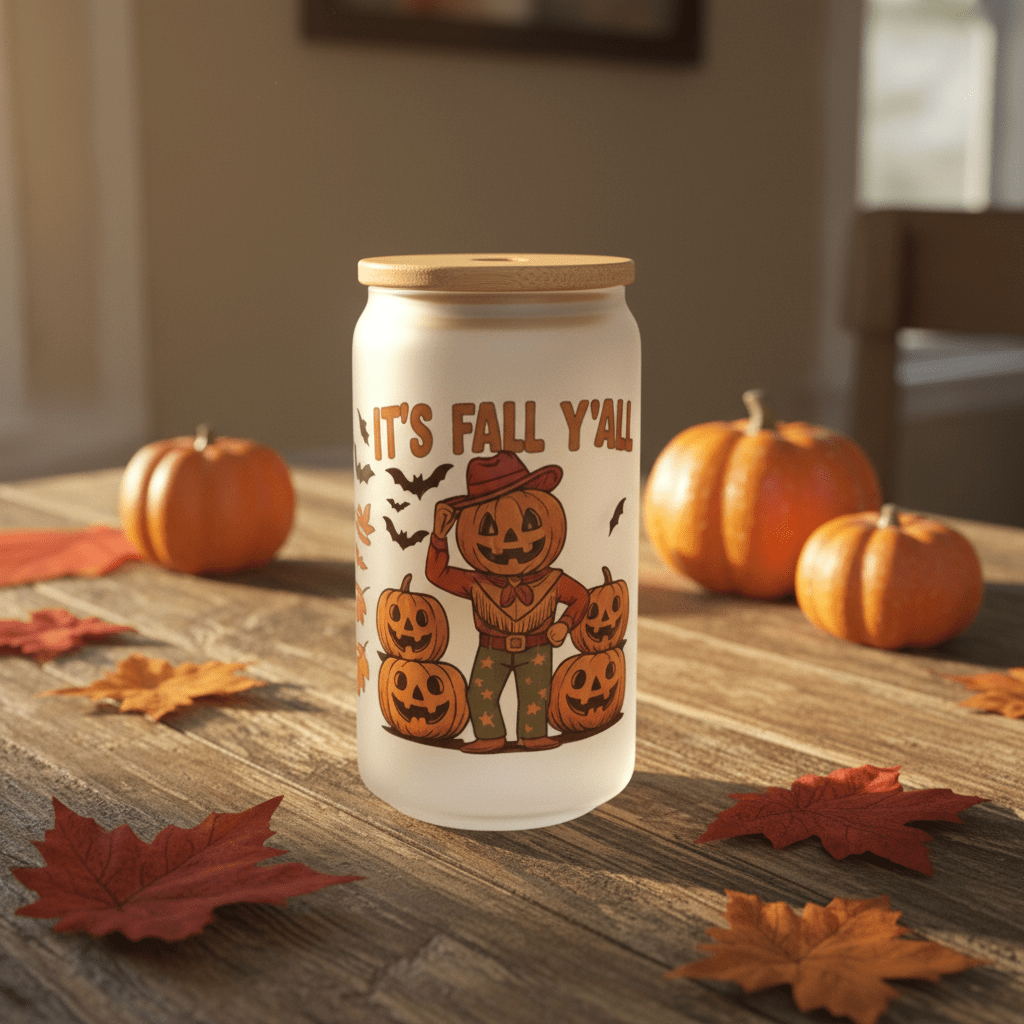 It's Fall Y'all Frosted Glass Can Tumbler – Handmade Halloween Fall Drinkware - The Bargains BasementIt's Fall Y'all Frosted Glass Can Tumbler – Handmade Halloween Fall Drinkware