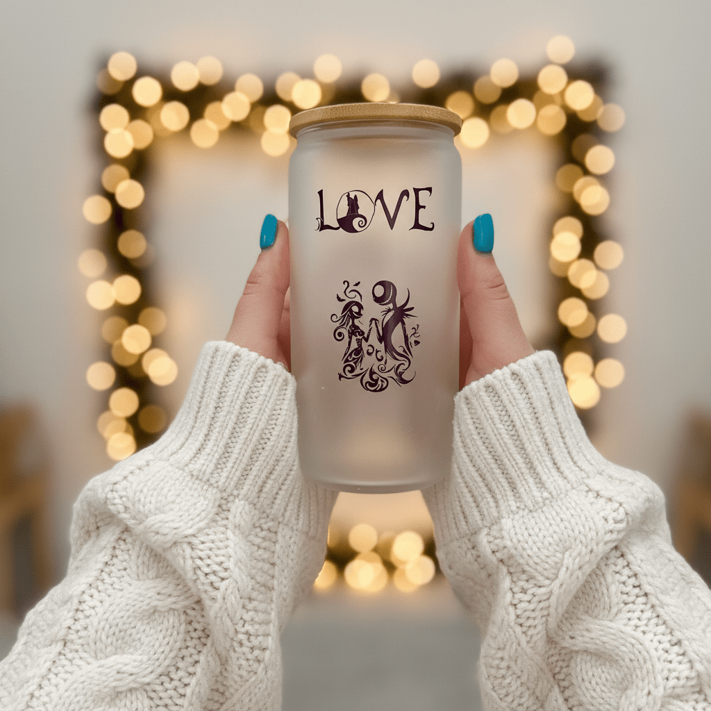 Jack & Sally LOVE Frosted Glass Can Cup - The Bargains BasementJack & Sally LOVE Frosted Glass Can Cup