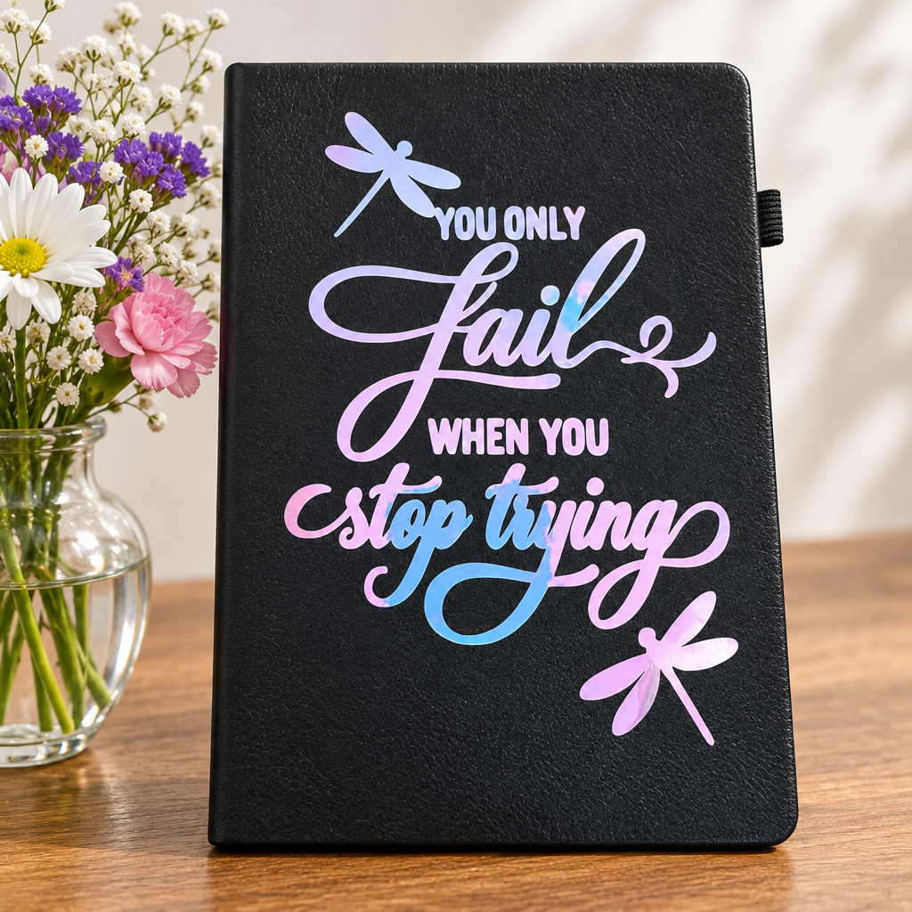 Journal beside flowers