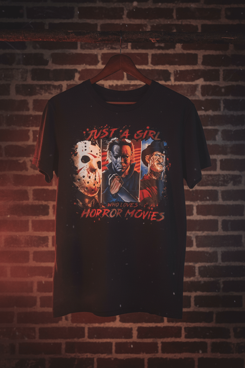 Just a Girl Who Loves Horror Movies T-Shirt | Handmade Horror Tee - The Bargains BasementJust a Girl Who Loves Horror Movies T-Shirt | Handmade Horror Tee