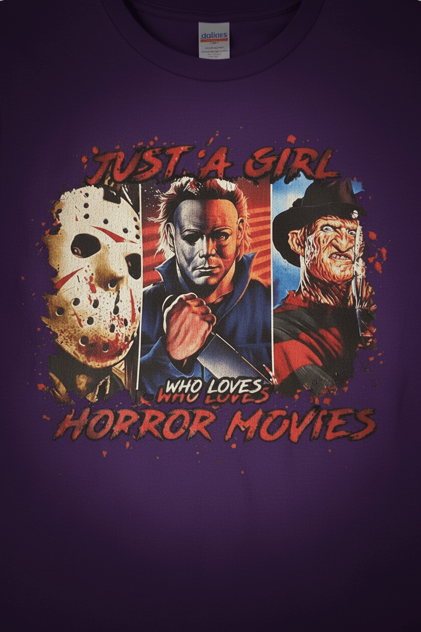 Just a Girl Who Loves Horror Movies T-Shirt | Handmade Horror Tee - The Bargains BasementJust a Girl Who Loves Horror Movies T-Shirt | Handmade Horror Tee
