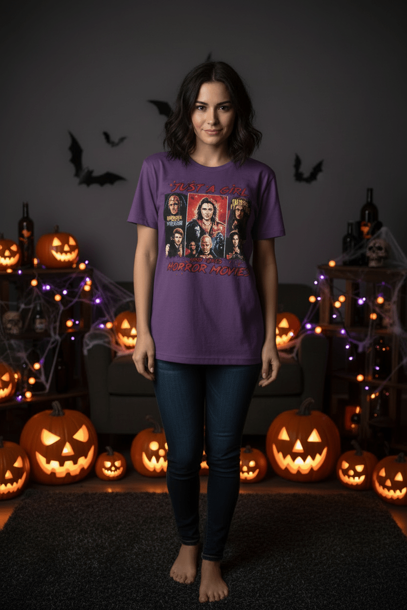 Just a Girl Who Loves Horror Movies T-Shirt | Handmade Horror Tee - The Bargains BasementJust a Girl Who Loves Horror Movies T-Shirt | Handmade Horror Tee