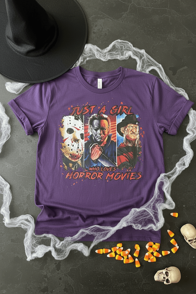 Just a Girl Who Loves Horror Movies T-Shirt | Handmade Horror Tee - The Bargains BasementJust a Girl Who Loves Horror Movies T-Shirt | Handmade Horror Tee