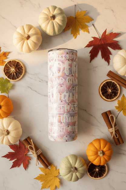 Just Sippin Coffee and Giving Thanks Pastel Pumpkin Skinny Tumbler | Handmade Fall Drinkware - The Bargains BasementJust Sippin Coffee and Giving Thanks Pastel Pumpkin Skinny Tumbler | Handmade Fall Drinkware