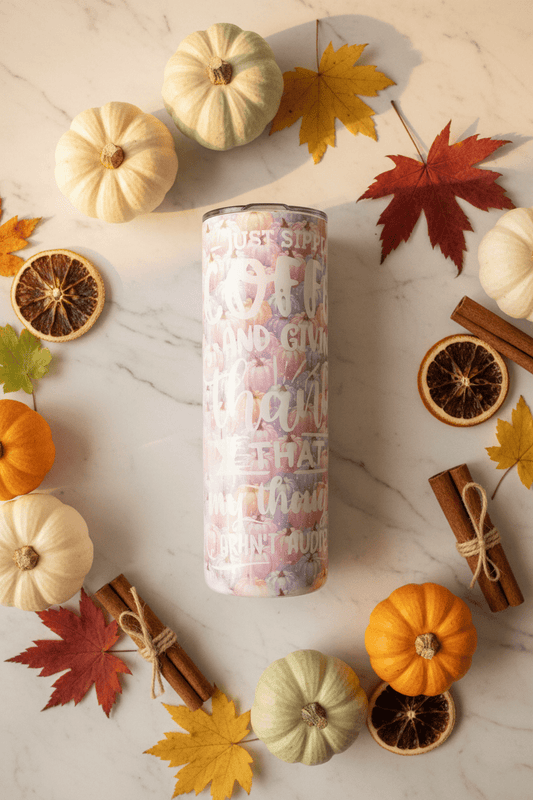 Just Sippin Coffee and Giving Thanks Pastel Pumpkin Skinny Tumbler | Handmade Fall Drinkware - The Bargains BasementJust Sippin Coffee and Giving Thanks Pastel Pumpkin Skinny Tumbler | Handmade Fall Drinkware