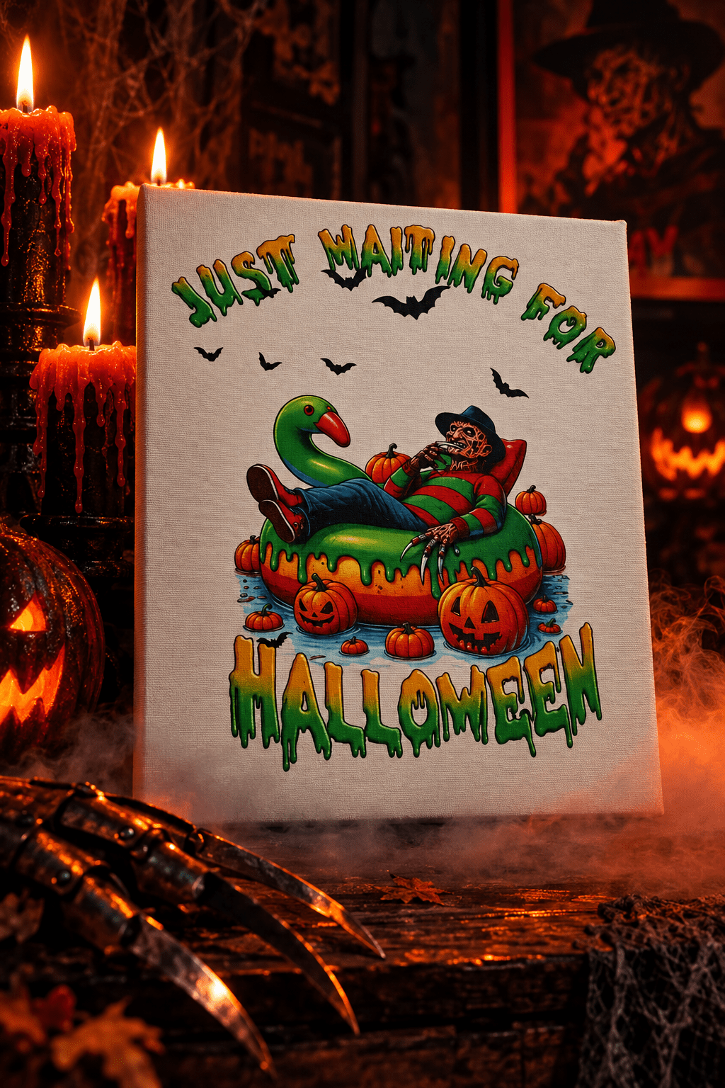 Just Waiting for Halloween | 11x9 Canvas Sign – Funny Horror Halloween Decor - The Bargains BasementJust Waiting for Halloween | 11x9 Canvas Sign – Funny Horror Halloween Decor