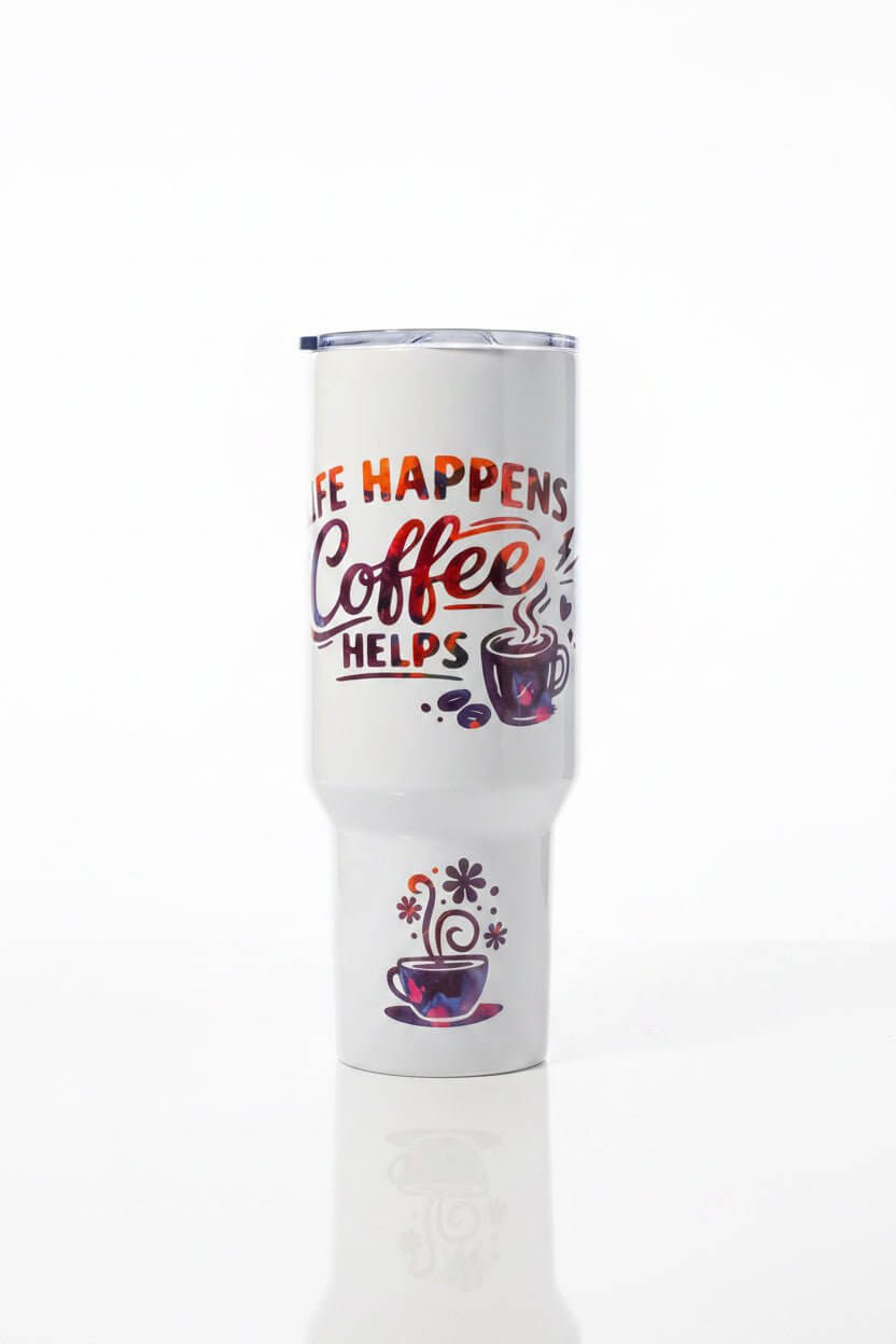 Life Happens Coffee Helps handmade coffee tumbler with colorful design and floral accents.