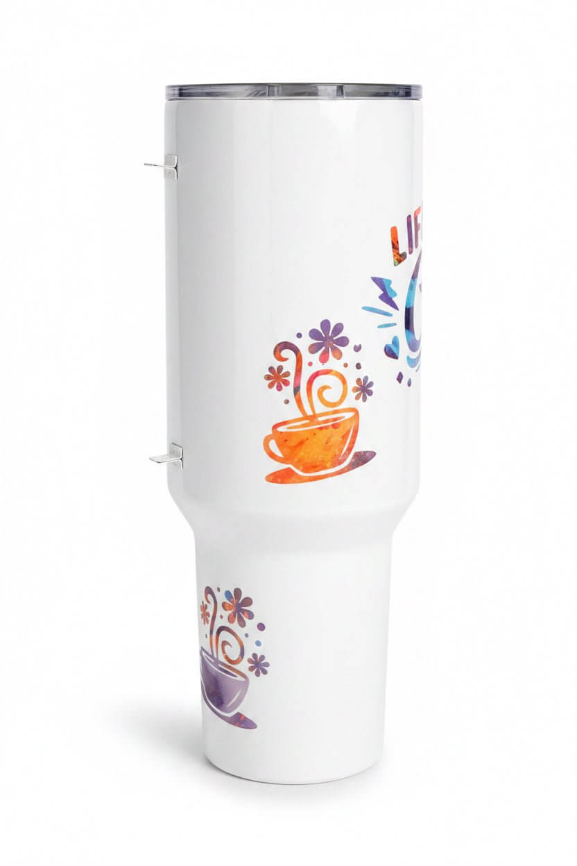 Life Happens Coffee Helps 40oz handmade coffee tumbler with colorful coffee cup designs and vibrant colors.