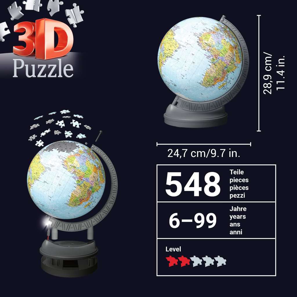 Light - Up Globe with Stand 548 Piece 3D Jigsaw Puzzle Ravensburger - The Bargains BasementLight - Up Globe with Stand 548 Piece 3D Jigsaw Puzzle Ravensburger