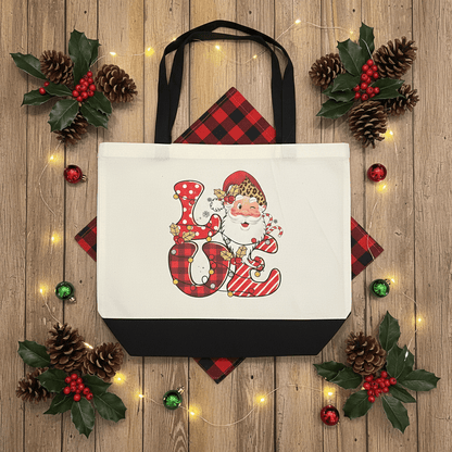 LOVE Santa Christmas Canvas Tote Bag | Holiday Sublimation Print - The Bargains BasementLOVE Santa Christmas Canvas Tote Bag | Holiday Sublimation Print