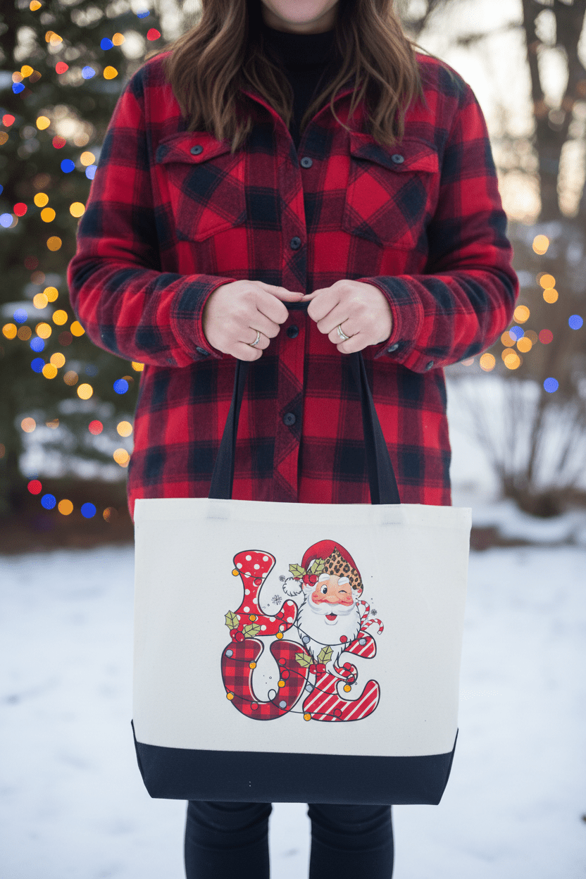 LOVE Santa Christmas Canvas Tote Bag | Holiday Sublimation Print - The Bargains BasementLOVE Santa Christmas Canvas Tote Bag | Holiday Sublimation Print