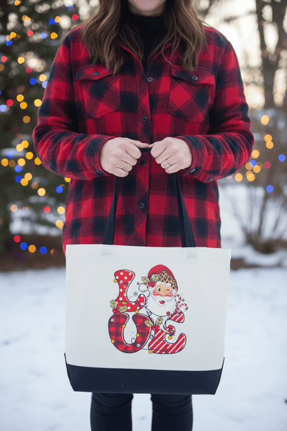 LOVE Santa Christmas Canvas Tote Bag | Holiday Sublimation Print - The Bargains BasementLOVE Santa Christmas Canvas Tote Bag | Holiday Sublimation Print