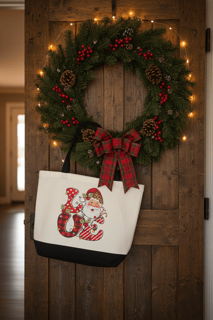 LOVE Santa Christmas Canvas Tote Bag | Holiday Sublimation Print - The Bargains BasementLOVE Santa Christmas Canvas Tote Bag | Holiday Sublimation Print