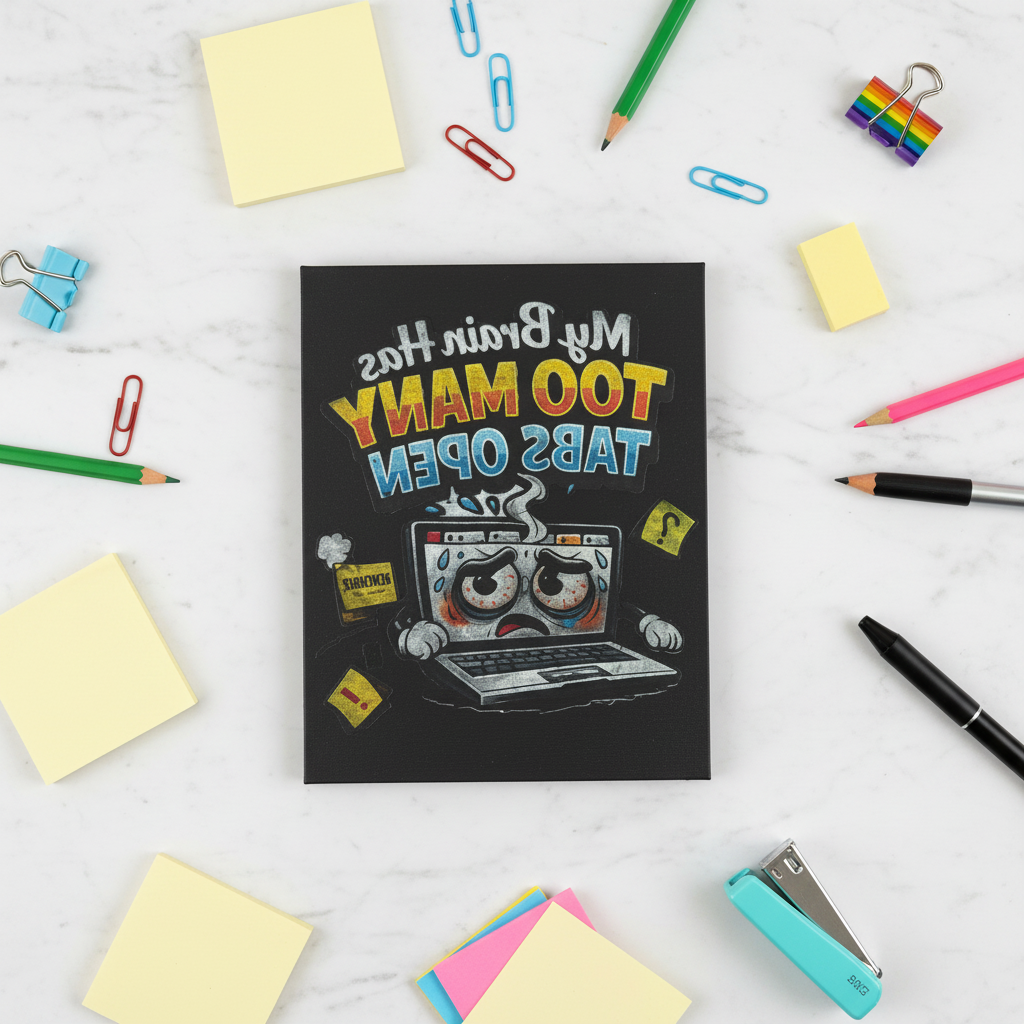 Funny canvas print for stressed minds featuring an overwhelmed laptop surrounded by colorful stationery.