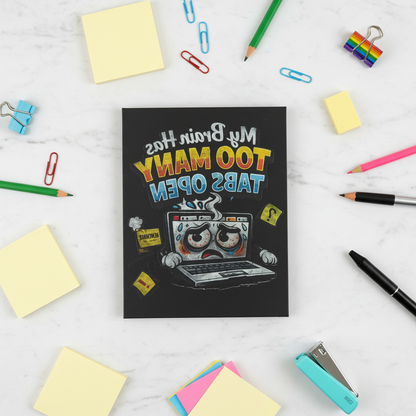 Funny canvas print for stressed minds featuring an overwhelmed laptop surrounded by colorful stationery.