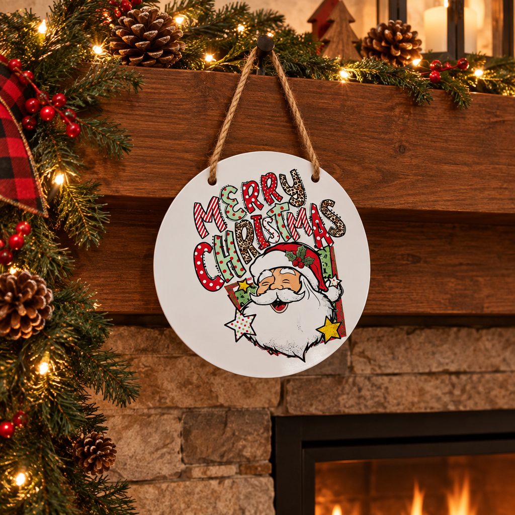 Merry Christmas round metal sign hanging on a fireplace mantel with garland and pinecones