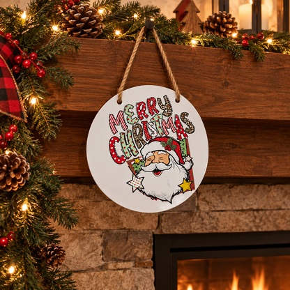 Merry Christmas round metal sign hanging on a fireplace mantel with garland and pinecones