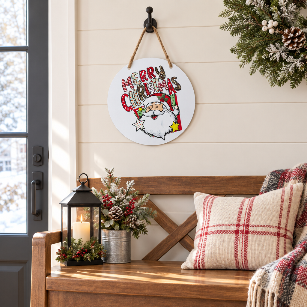Merry Christmas round metal sign hanging on a wall hook in a bright entryway