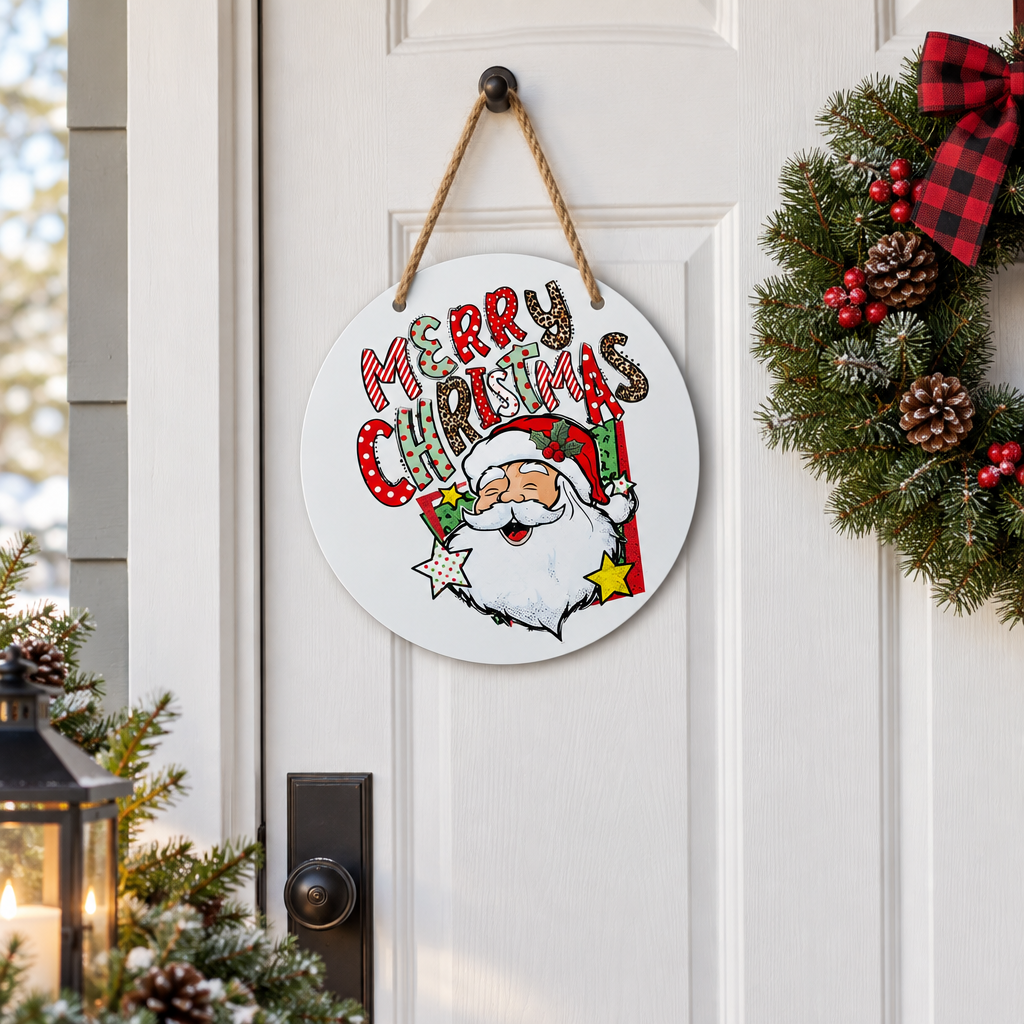 Merry Christmas round metal sign hanging on a white front door beside a wreath