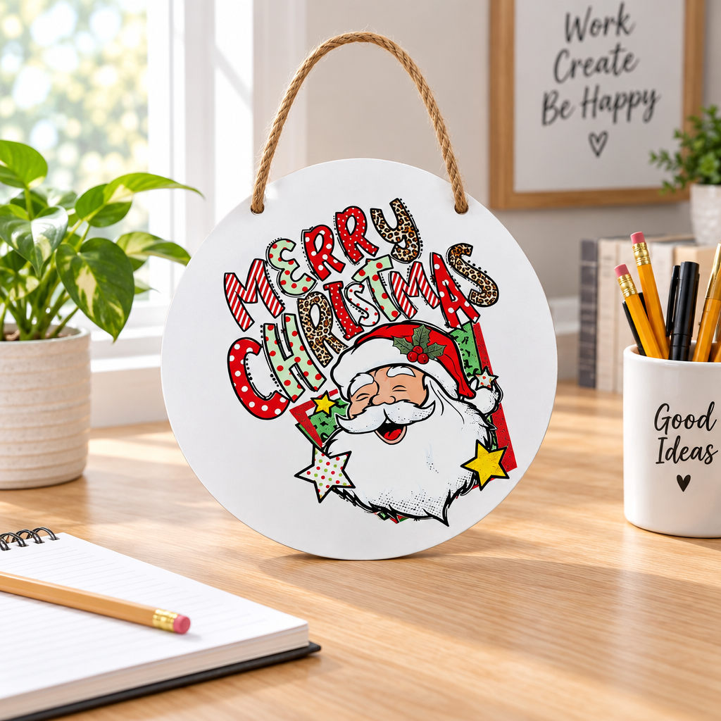 Merry Christmas round metal sign propped on a light wooden desk in a bright home office
