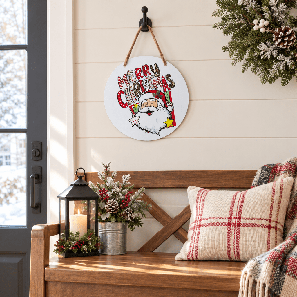 Merry Christmas Santa Round Metal Sign – 10 Inch Hanging Wall Decor - The Bargains BasementMerry Christmas Santa Round Metal Sign – 10 Inch Hanging Wall Decor