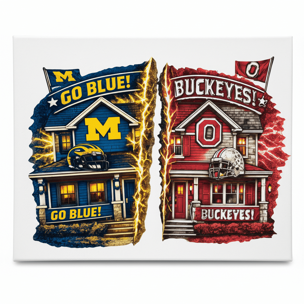 Michigan Ohio State house divided canvas sign featuring homes with team colors and slogans.