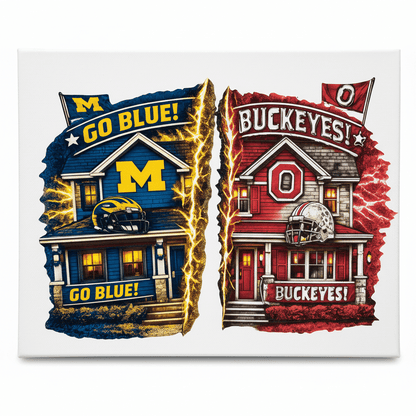 Michigan Ohio State house divided canvas sign featuring homes with team colors and slogans.