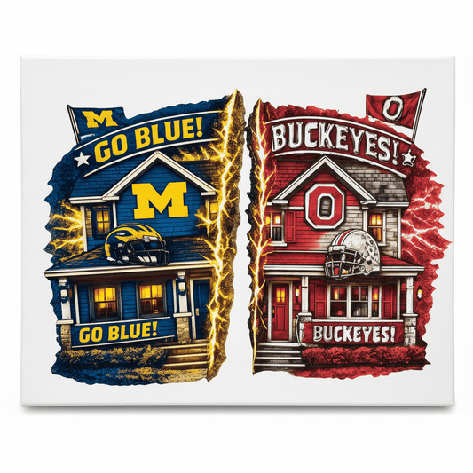 Michigan Ohio State house divided canvas sign featuring homes with team colors and slogans.