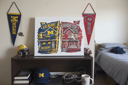 Michigan Ohio State house divided canvas sign showcasing rivalry decor with team colors and helmets.