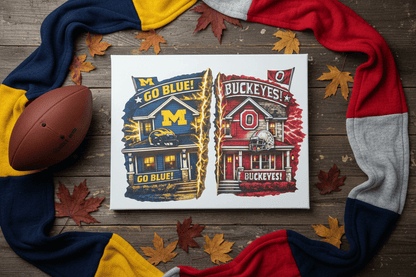 Michigan Ohio State house divided canvas sign displayed with a football and cozy blanket, showcasing college football rivalry.