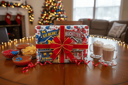 Michigan Ohio State house divided canvas sign gift on a table with holiday treats and decorations.