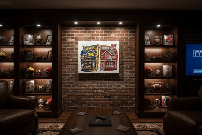 Michigan Ohio State house divided canvas sign displayed in a sports-themed room with memorabilia.