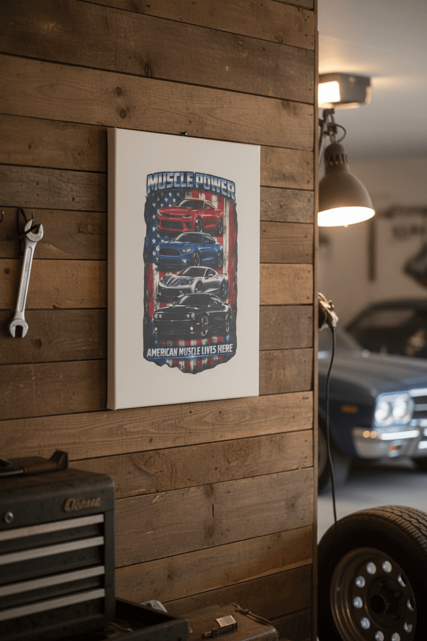 American muscle cars wall art displayed on a wall in a garage setting with a rustic wooden background.