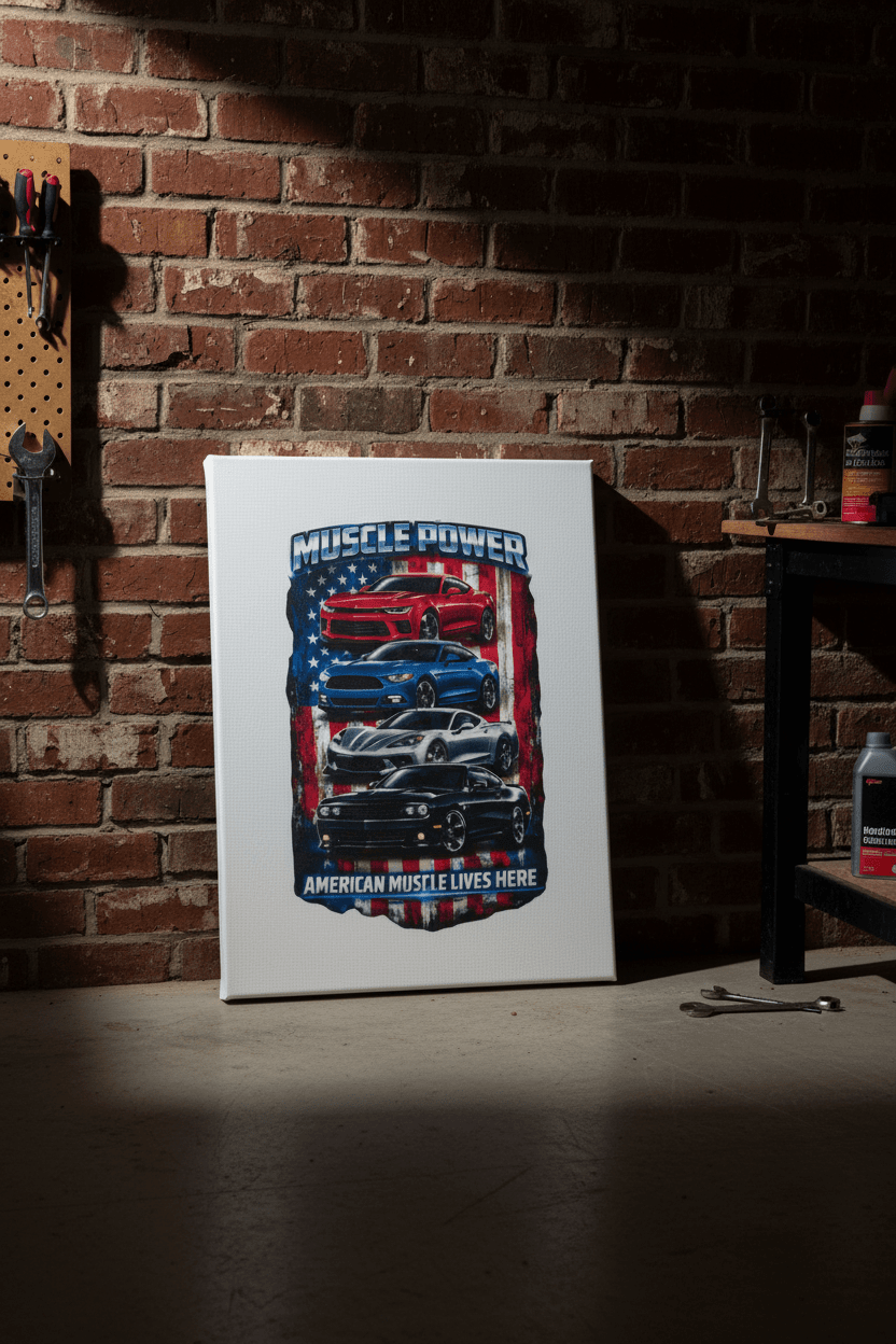 American muscle cars wall art canvas print featuring iconic muscle cars and American flag background.
