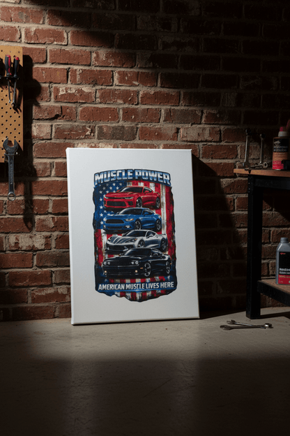 American muscle cars wall art canvas print featuring iconic muscle cars and American flag background.