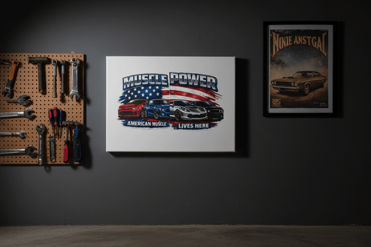 muscle car canvas sign featuring iconic muscle cars on a patriotic background in a garage setting.