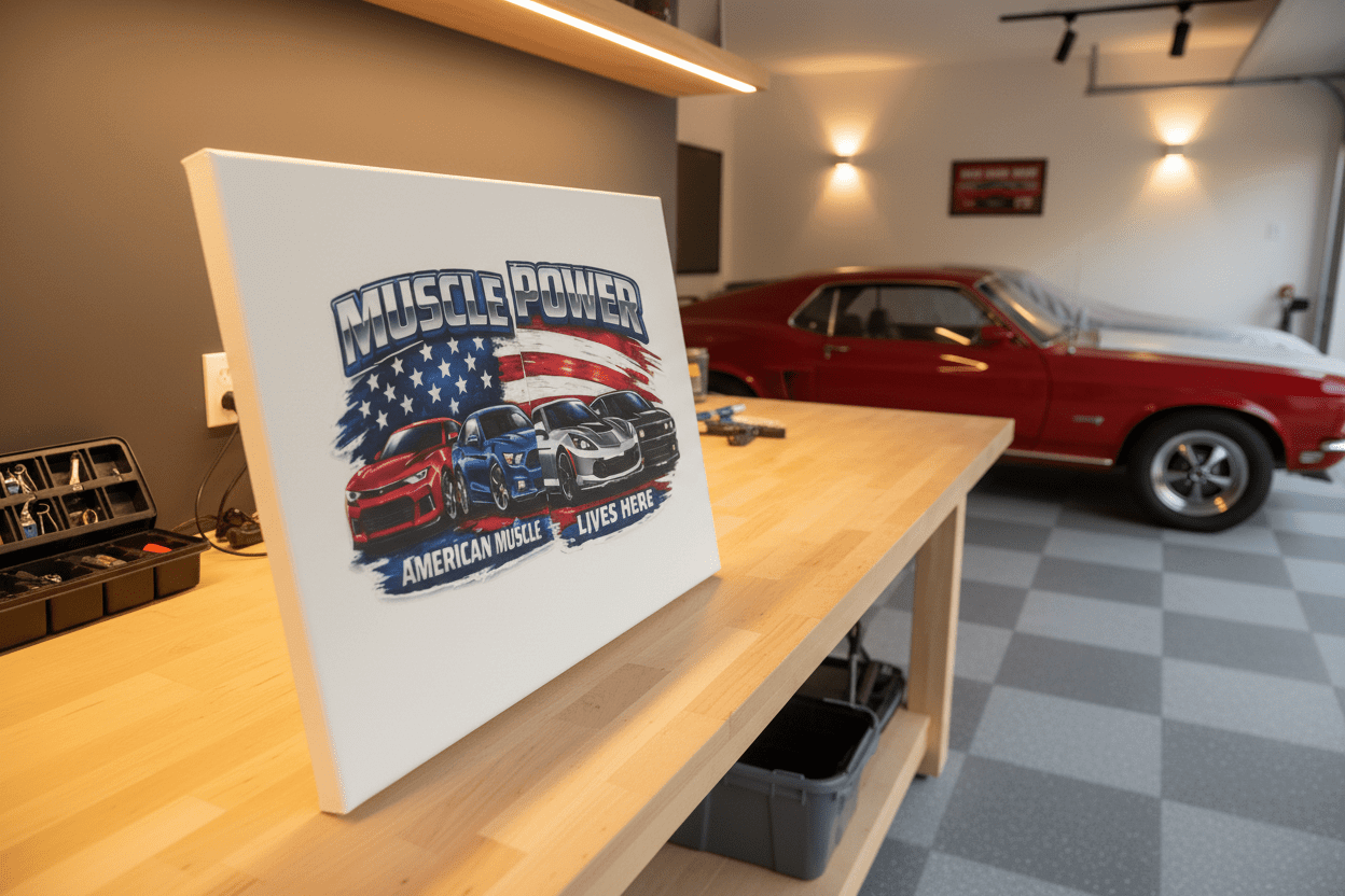 Muscle car canvas sign featuring iconic vehicles and patriotic design, displayed in garage setting.