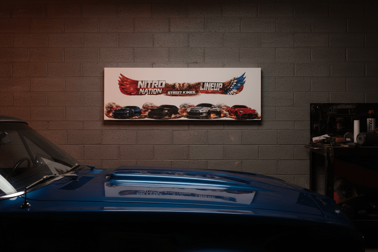 Nitro Nation canvas sign displayed on a wall above a blue car in a garage setting.