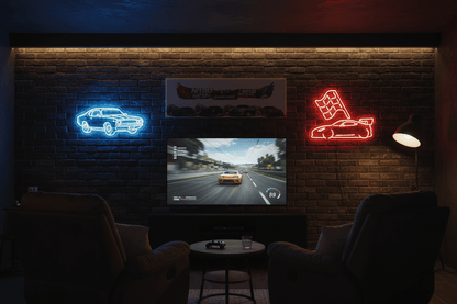 Nitro Nation canvas sign displayed in a stylish gamer room with neon car decor and a large screen TV.