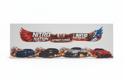 Nitro Nation canvas sign featuring Street Kings lineup of cars with flames and eagle graphic.