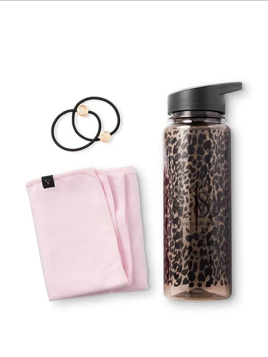 NWT Victoria's Secret workout kit with a sweat towel, hair ties, and a stylish water bottle.