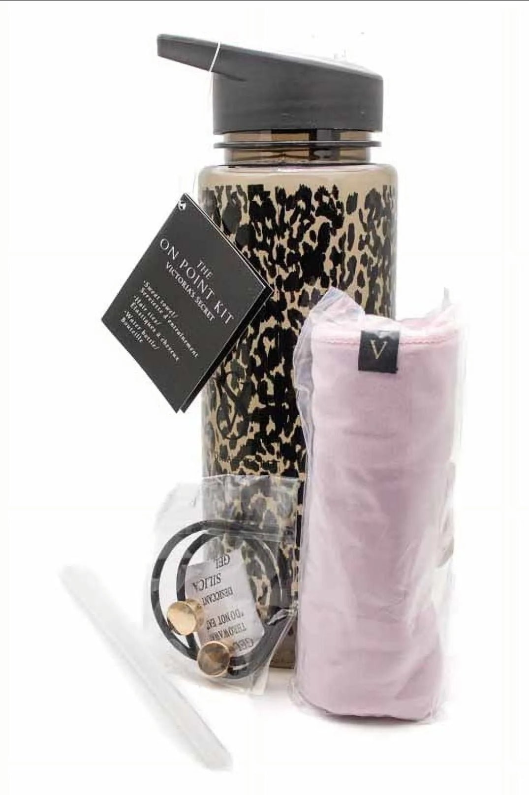NWT Victoria's Secret workout kit featuring a leopard print water bottle, pink sweat towel, and hair ties.