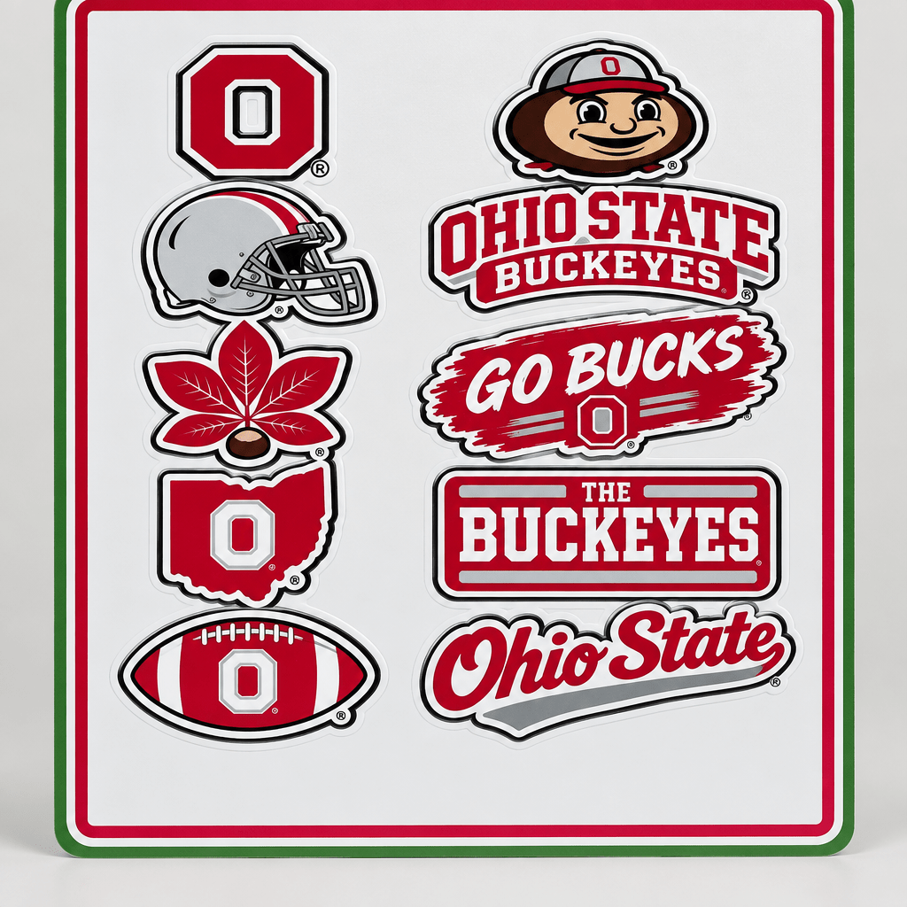 Ohio State Buckeyes Handmade Vinyl Sticker Sheet – 10 Designs - The Bargains BasementOhio State Buckeyes Handmade Vinyl Sticker Sheet – 10 Designs