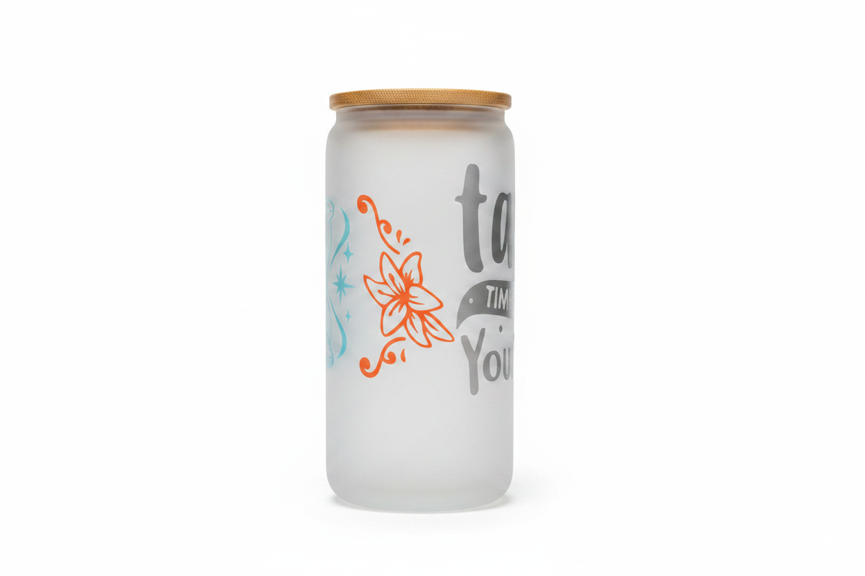 Take Time For Yourself – Handmade Frosted Glass Tumbler with Bamboo Lid The Bargains Basement