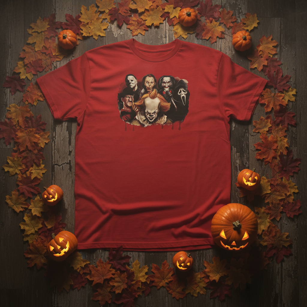 Overhead flat lay with autumn leaves and jack-o-lanterns