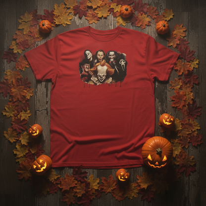 Overhead flat lay with autumn leaves and jack-o-lanterns
