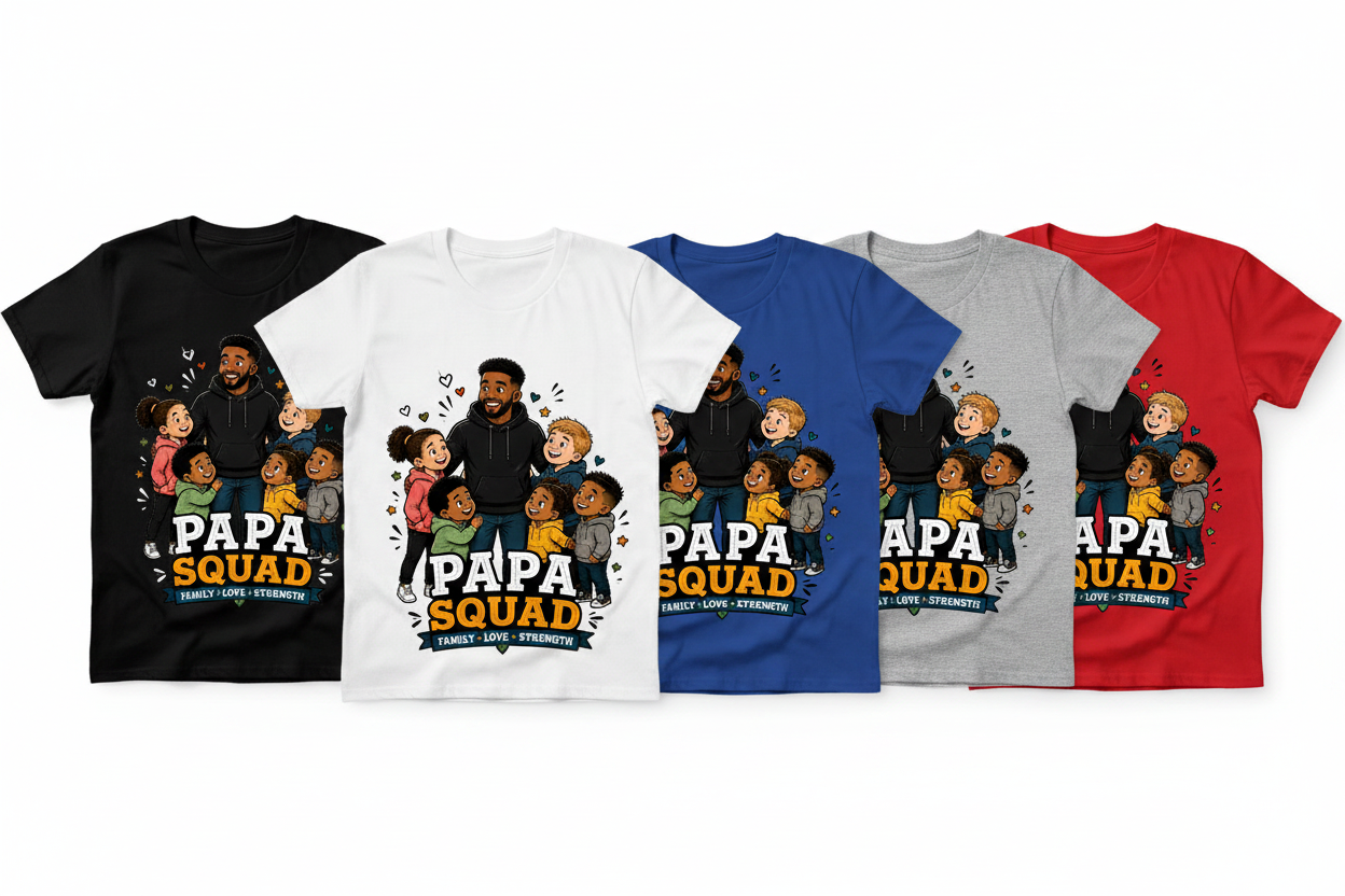 handmade Papa Squad t-shirt collection featuring diverse designs and colorful characters for casual wear.