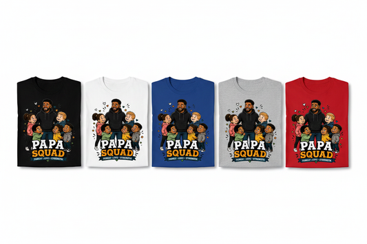 handmade Papa Squad t-shirt collection featuring colorful designs and characters on various shirt colors.