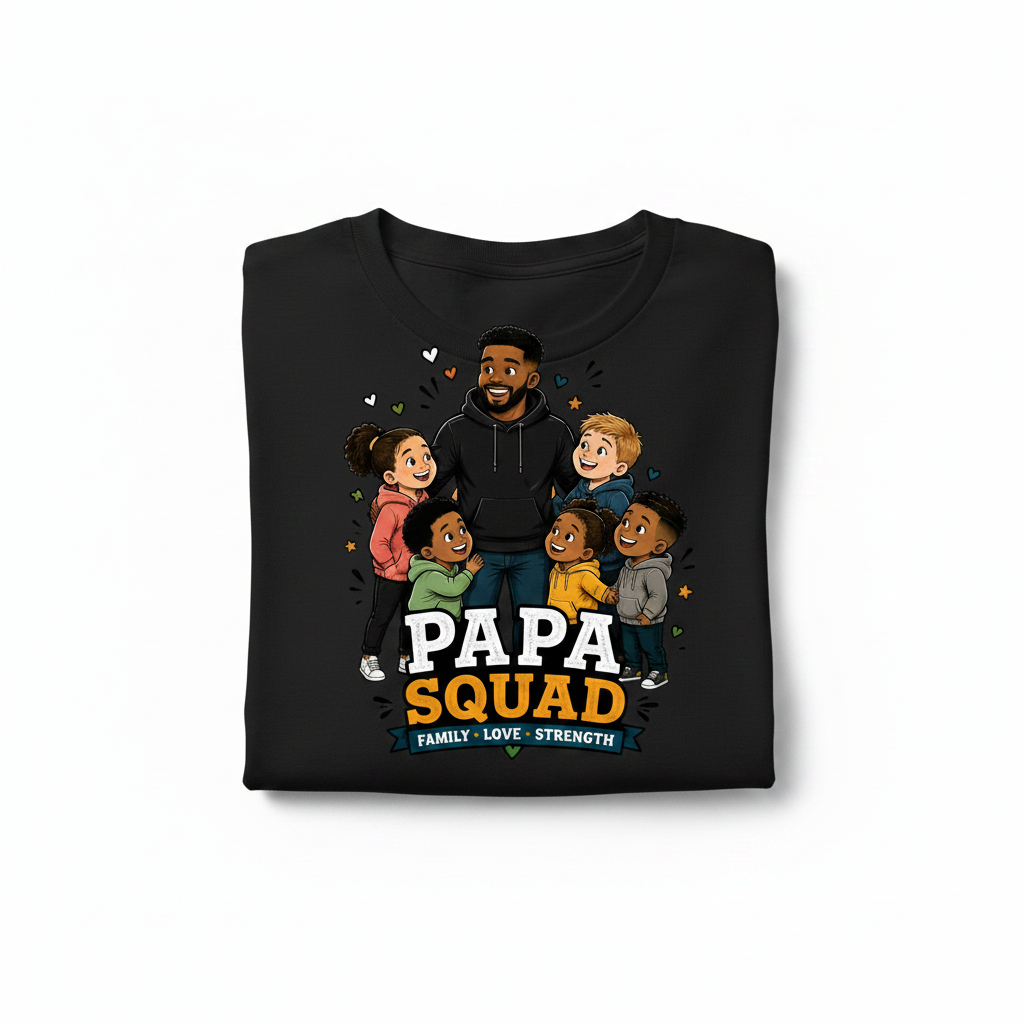 handmade Papa Squad t-shirt featuring colorful family illustration on a black background.